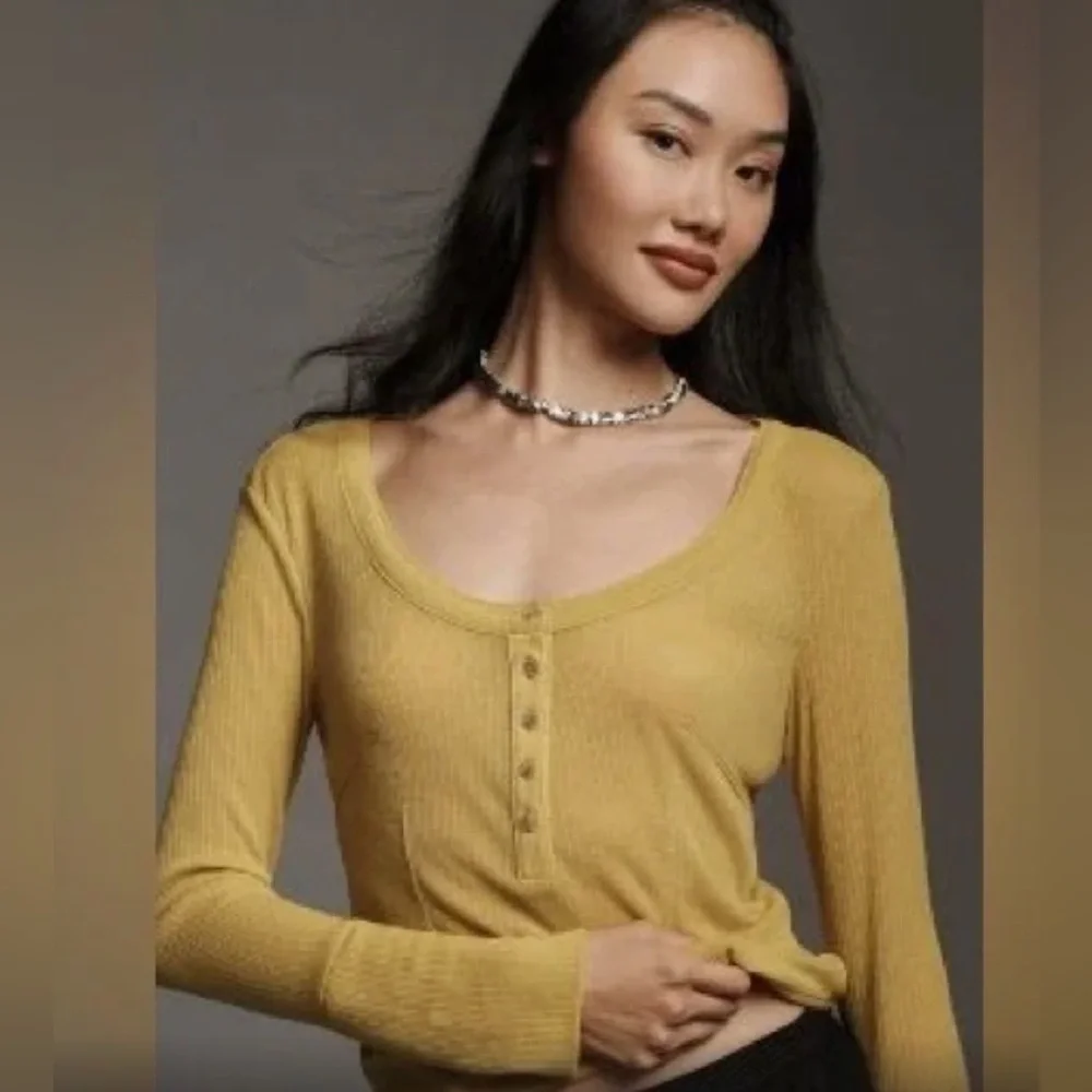 ANTHROPOLOGIE PILCRO ANDIE RIBBED TISSUE HENLEY TOP YELLOW SIZE L NWT